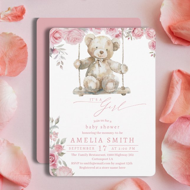Invitation Douce Balançoire Ours Fille Rose à l'eau Shower (Créateur téléchargé)