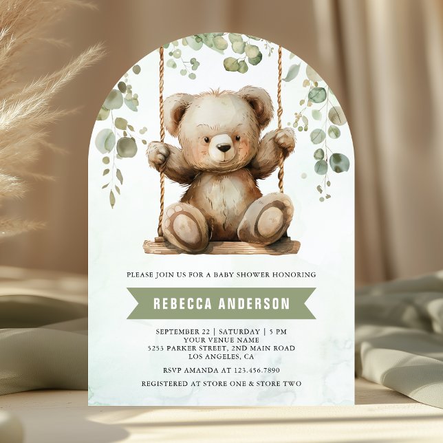Invitation Douce Balançoire Ourson en Peluche Arche Eucalyptu (Créateur téléchargé)