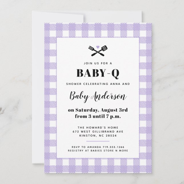 Invitation Douce Barbecue Baby Shower à thème Gingham Lilas (Devant)