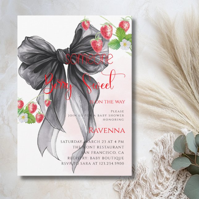 Invitation Douce Bébé Fête de Naissance Mignonne Cerise Ruban (Créateur téléchargé)