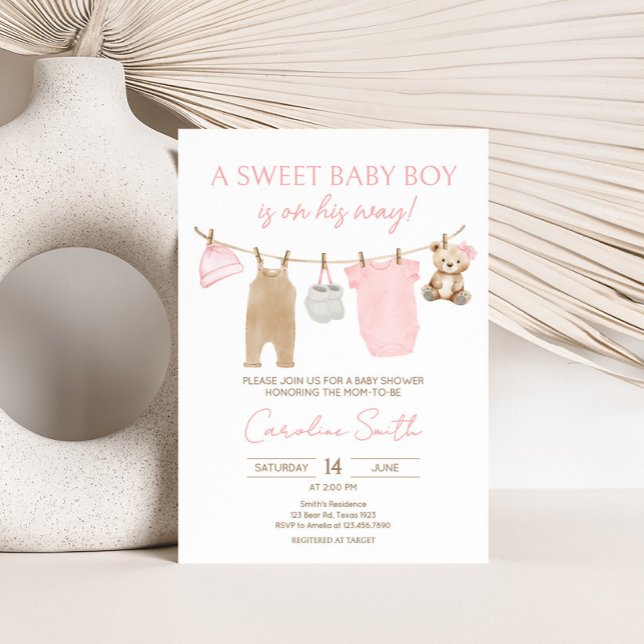 Invitation Douce bébé fille Baby shower de ligne de linge (Sweet Baby Girl Clothesline Baby Shower Invitation)