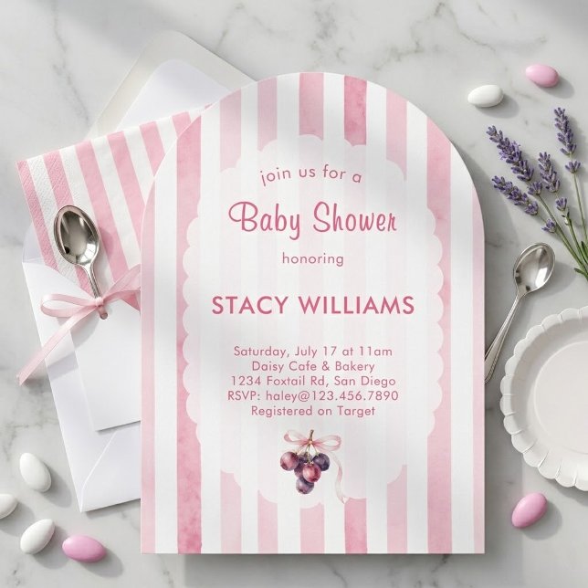Invitation Douce Bébé Fille Rose Rayure Aquarelle Arche (Créateur téléchargé)
