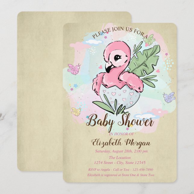 Invitation Douce Bébé Flamant Rose Papillons Baby Shower  (Devant / Derrière)