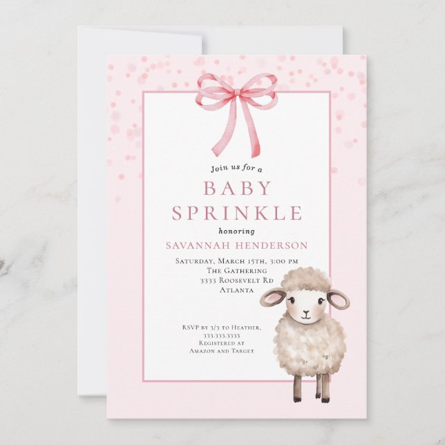 Invitation Douce Bébé Rose Sprinkle avec Ruban & Agneau Migno (Devant)