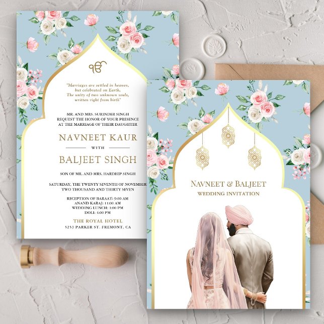 Invitation Douce Bleue Rose Florale Anand Karaj Mariage Sikh (Créateur téléchargé)