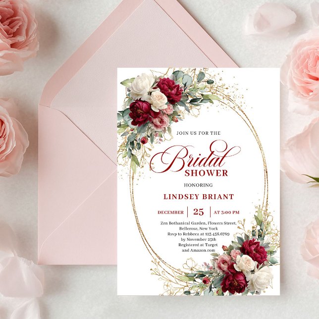 Invitation Douce Bohème Rouge Blanc Floral Douche Dorée (Timeless Bohemian Red White Floral Gold Shower)