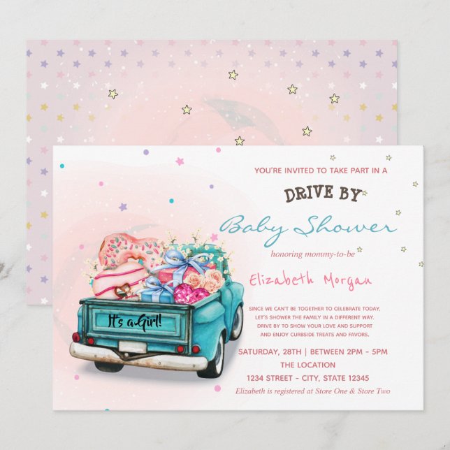 Invitation Douce camionnette étoilée pour une baby shower (Devant / Derrière)