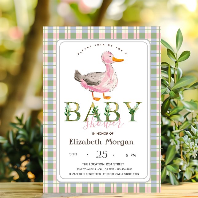 Invitation Douce Canard Vert Rose Carreaux Baby Shower  (Créateur téléchargé)