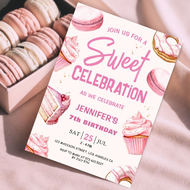 Invitation Douce Célébration Donuts Roses Fille 7ème Annivers (Créateur téléchargé)