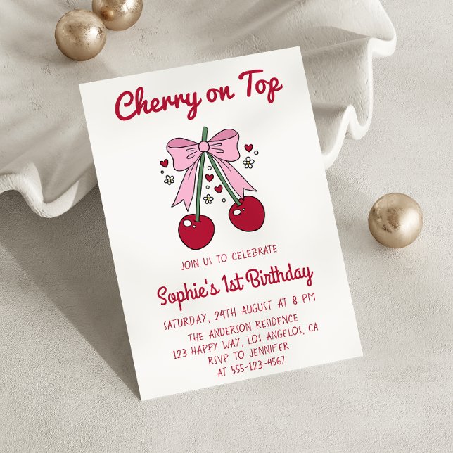 Invitation Douce Cerise avec un Ruban Rose pour le 1er Annive (Créateur téléchargé)