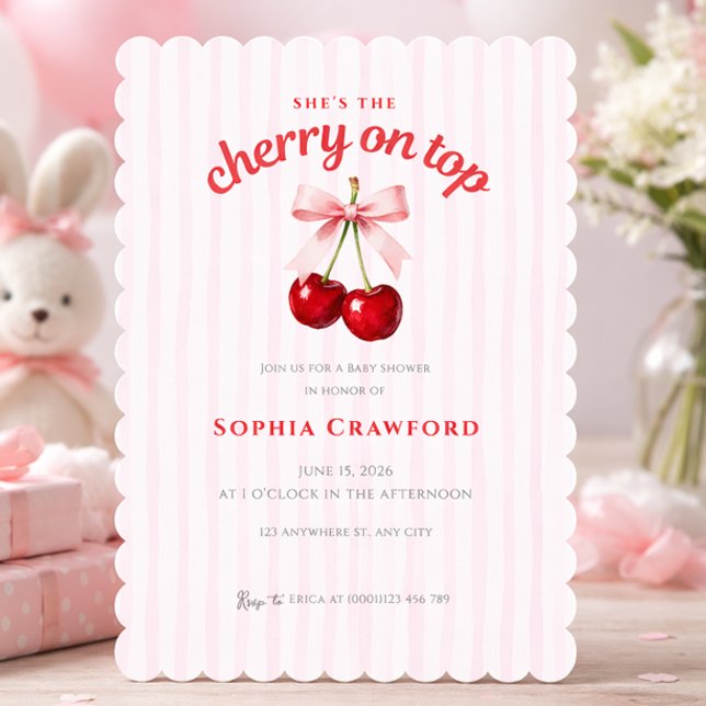Invitation Douce Cerise sur le dessus Ruban Rose Baby Shower (Sweet Cherry on Top Pink Bow Baby Shower Invitation)