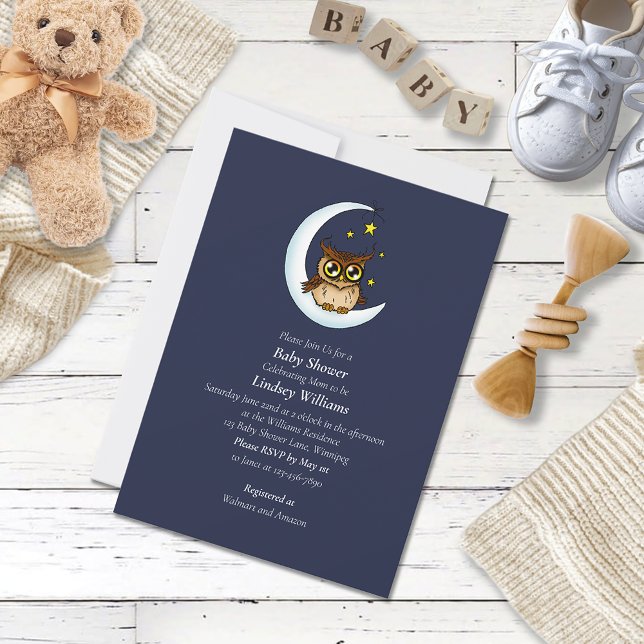 Invitation Douce Chouette Bébé Lune Étoiles Bleu Douche (Créateur téléchargé)