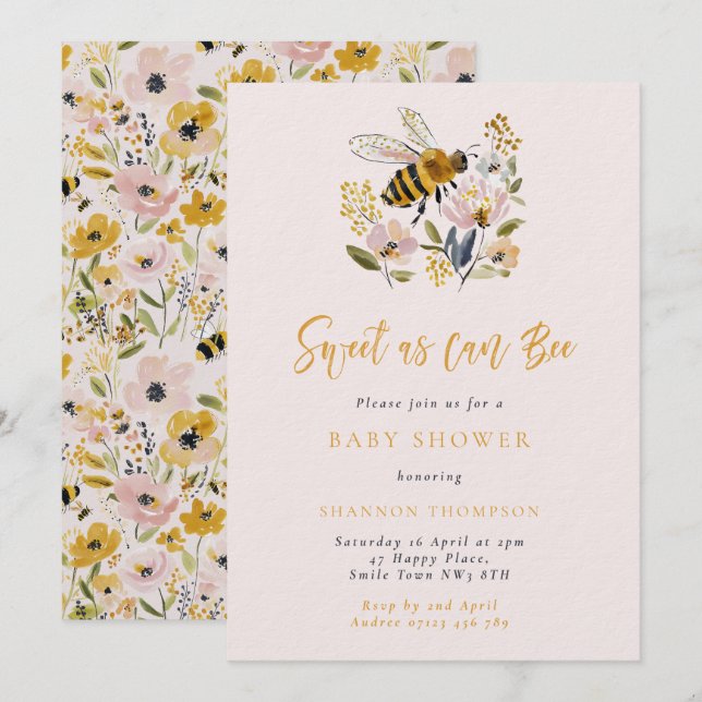 Invitation Douce comme peut l'être une abeille Baby Shower (Devant / Derrière)