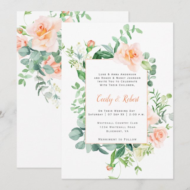 Invitation Douce comme un cadre de roses à l'aquarelle pêche  (Devant / Derrière)