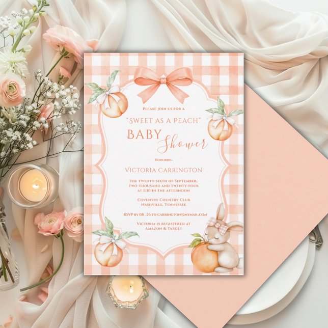 Invitation Douce comme une Pêche Fête de Naissance à Carreaux (Créateur téléchargé)
