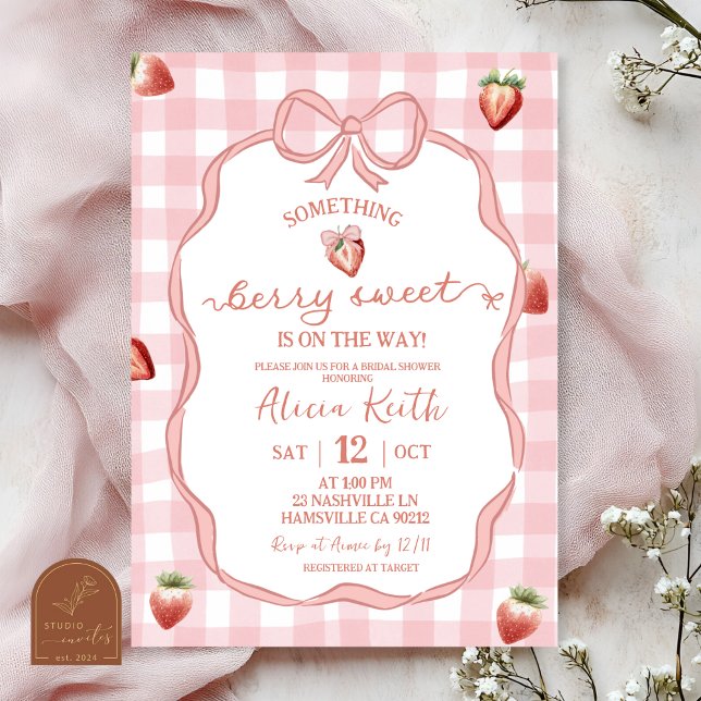 Invitation Douce Coquette à la Fraise à Carreaux Roses (Créateur téléchargé)