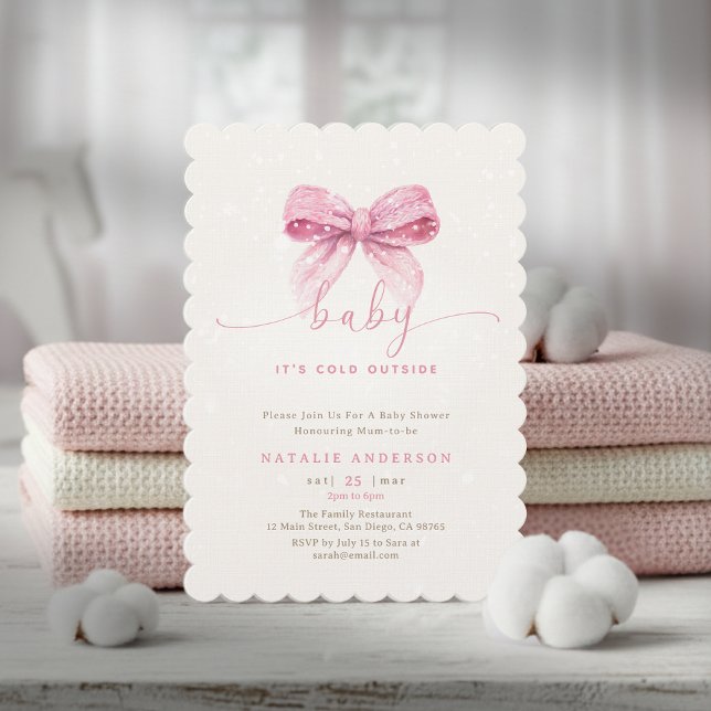 Invitation Douce Coquette Rose sous la Neige C'est Froid Deho (Snowy Pink Coquette It's Cold Outside Baby Shower Invitation)