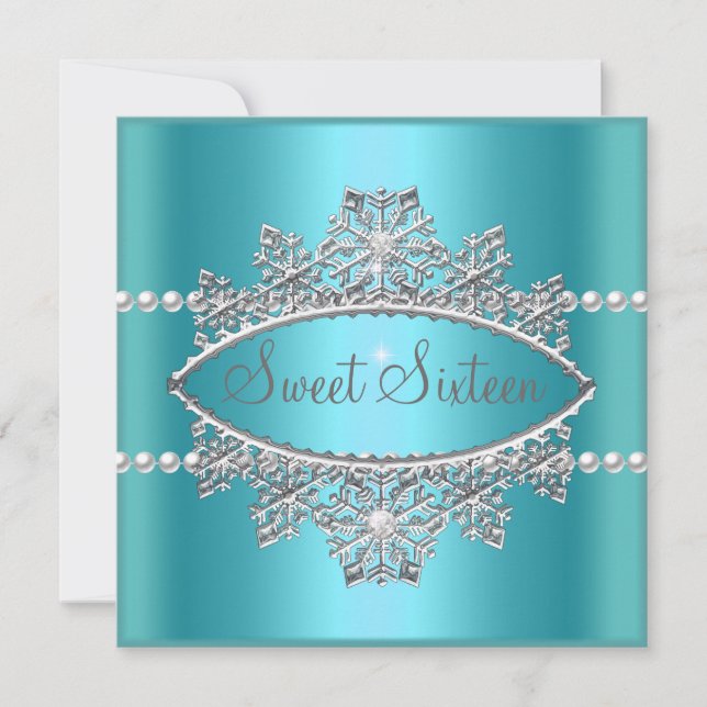 Invitation Douce Couronne de 16 ans Bleu Turquoise Perle Arge (Devant)