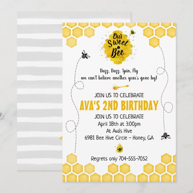 Invitation douce d'anniversaire d'abeille (Devant / Derrière)