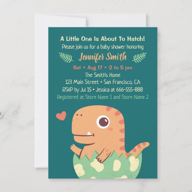 Invitation Douce Dinosaure Orange Éclos d'un Œuf Baby Shower (Devant)