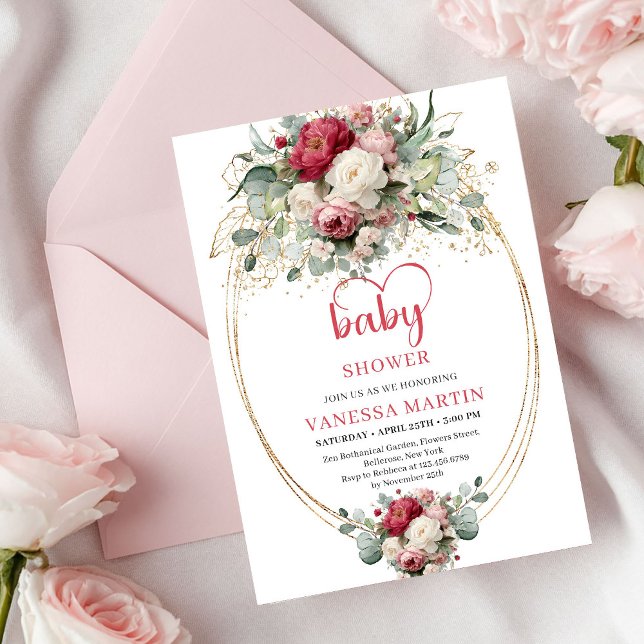 Invitation Douce Douche Florale Rouge Blanche Bohème de Verdu (Lovely Bohemian Red White Floral Greenery Shower)