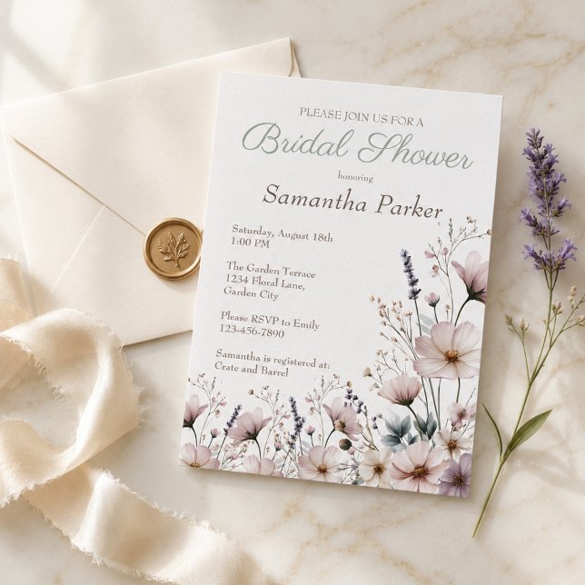 Invitation Douce eau-forte de fleurs sauvages rose et violett (Créateur téléchargé)