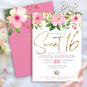 Invitation Douce Écriture Dorée Script Rose Floral Aquarelle