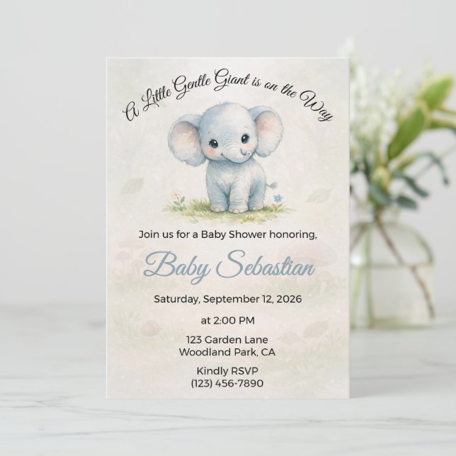 Invitation Douce Éléphant Bleu Garçon Baby Shower (Debout devant)