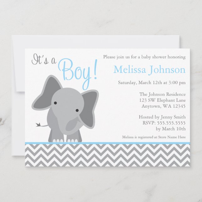 Invitation Douce éléphant chevron bleu clair Baby Shower (Devant)