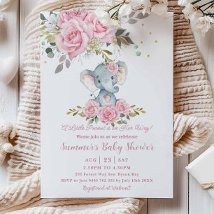 Invitation Douce Éléphant Fille Baby Shower Fleurs Rose Bébé