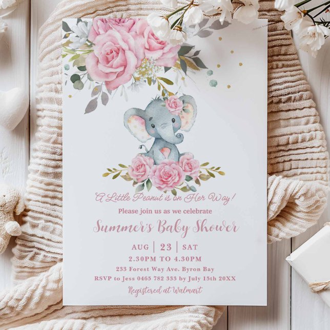 Invitation Douce Éléphant Fille Baby Shower Fleurs Rose Bébé (Créateur téléchargé)