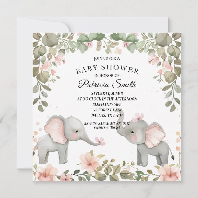 Invitation Douce Éléphant Floral Aquarelle Baby Shower (Devant)