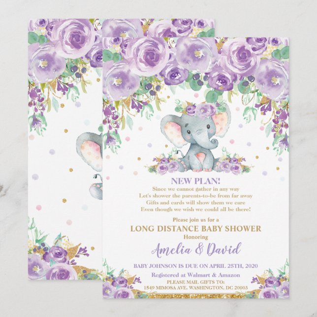 Invitation Douce éléphant floral violet Fête de bébé par la p (Devant / Derrière)