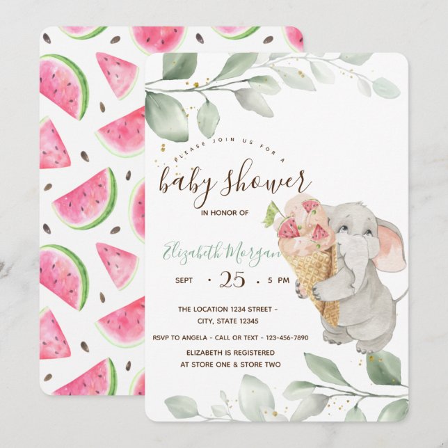 Invitation Douce Éléphant Glace Pastèque Baby Shower  (Devant / Derrière)