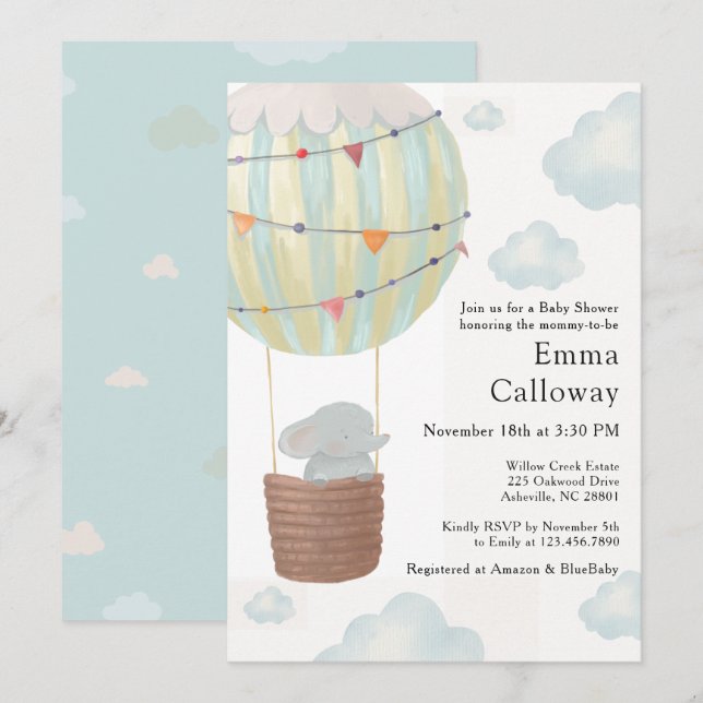 Invitation Douce éléphant Montgolfière Baby Shower  (Devant / Derrière)