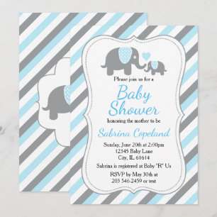 Invitation Douce éléphant rayé bleu et gris Baby Shower
