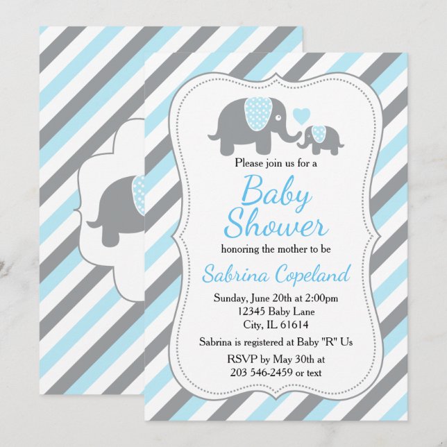 Invitation Douce éléphant rayé bleu et gris Baby Shower (Devant / Derrière)