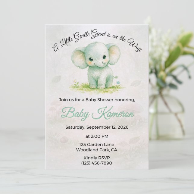 Invitation Douce Éléphant Vert Mignon Baby Shower Neutre (Debout devant)
