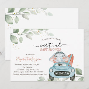 Invitation Douce Éléphant Voiture Virtuelle Défilé Baby Showe