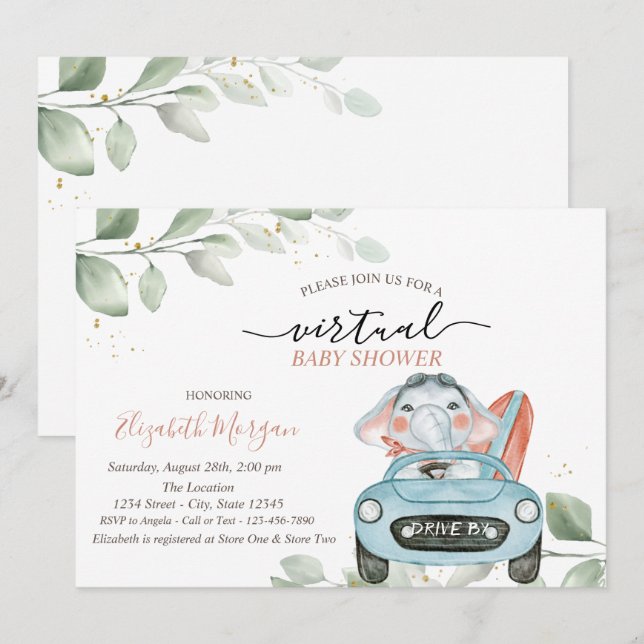 Invitation Douce Éléphant Voiture Virtuelle Défilé Baby Showe (Devant / Derrière)
