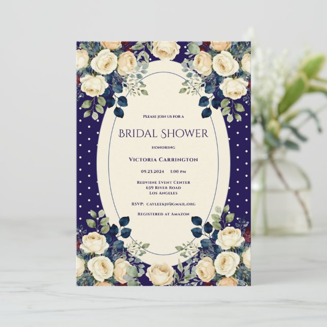 Invitation Douce et élégante douche de mariée florale à pois  (Debout devant)