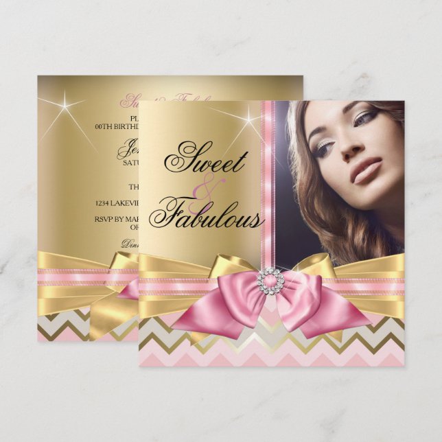 Invitation Douce et Fabuleuse Chevron Anniversaire en Or Rose (Devant / Derrière)