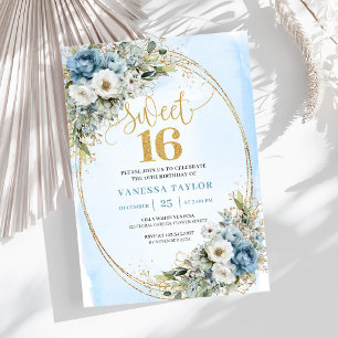 Invitation douce et poussiéreuse bleu floral or po