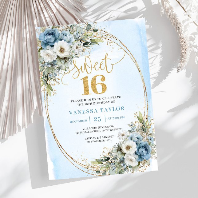 Invitation douce et poussiéreuse bleu floral or po (Soft Dusty Blue Floral Gold Sweet Sixteen Invitation)