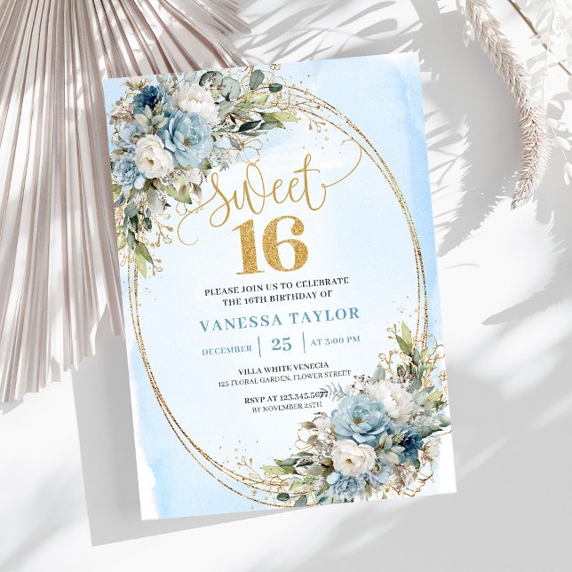 Invitation douce et poussiéreuse bleu floral or po (Soft Dusty Blue Floral Gold Sweet Sixteen Invitation)