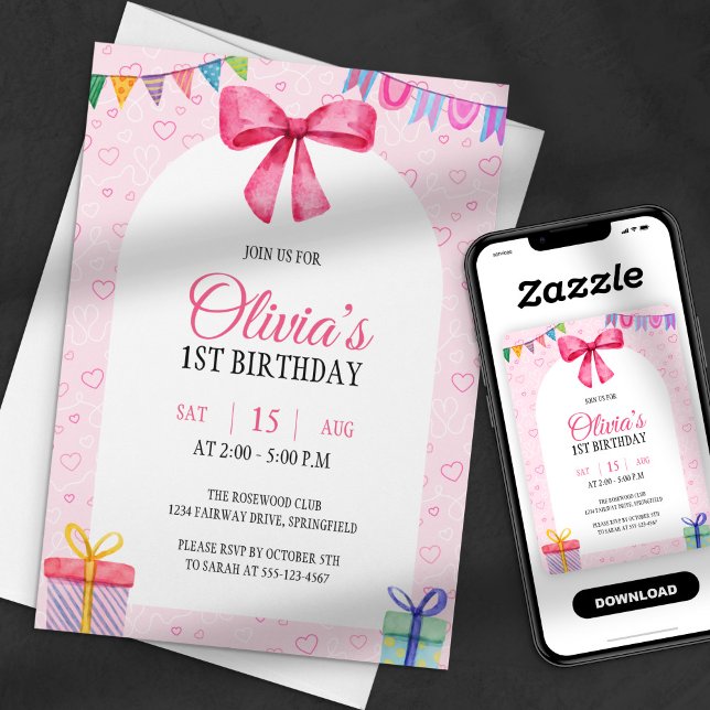 Invitation Douce et Simple Arche de Naissance Rose Aquarelle (Créateur téléchargé)