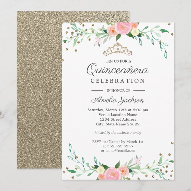 Invitation Douce étincelle florale Confetti Quinceanera (Devant / Derrière)