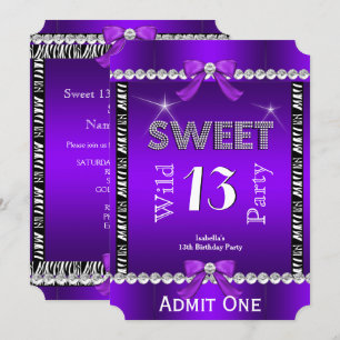 Invitation Douce fête amusante 13 Zèbre Ticket Violet 3