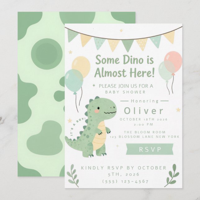 Invitation Douce Fête Bébé Dinosaure Vert Sauge (Devant / Derrière)