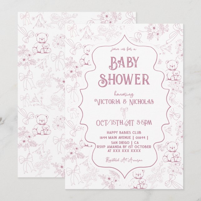 Invitation Douce Fête Bébé Fille Ours Rose Poussiéreux Toile (Devant / Derrière)